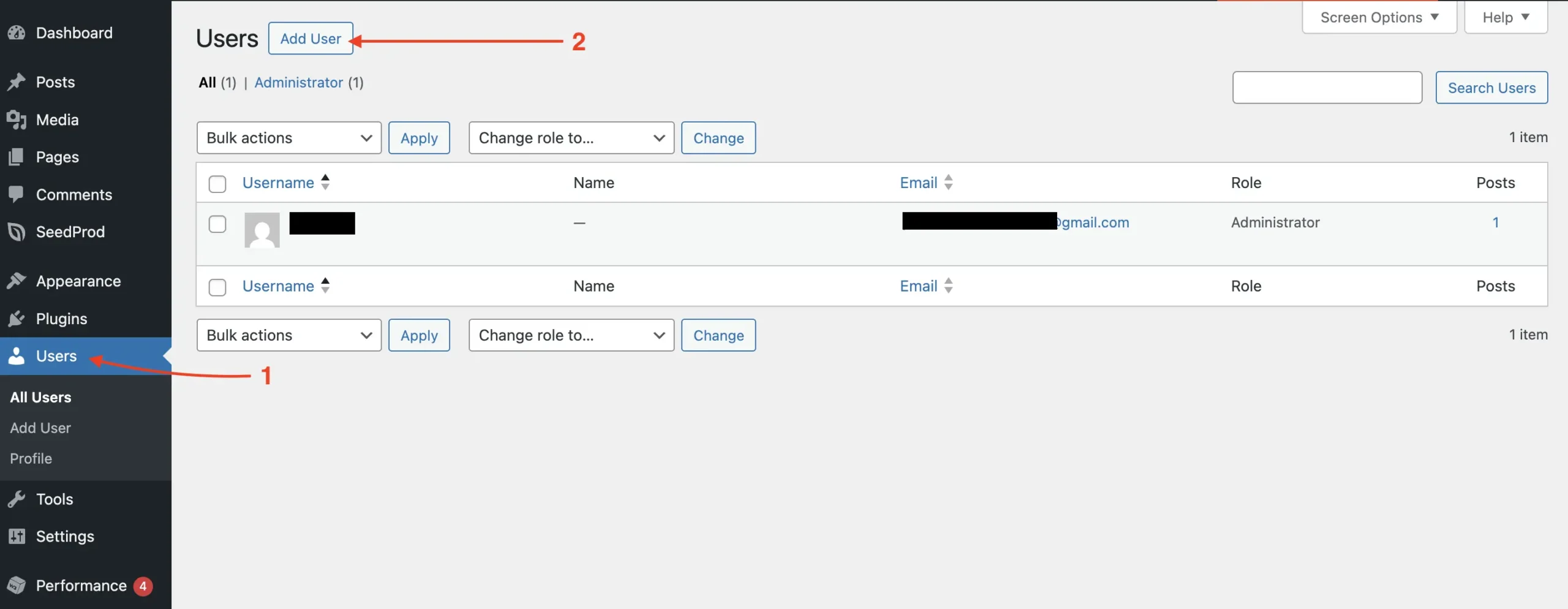 Screenshot: How to add a new user in WP