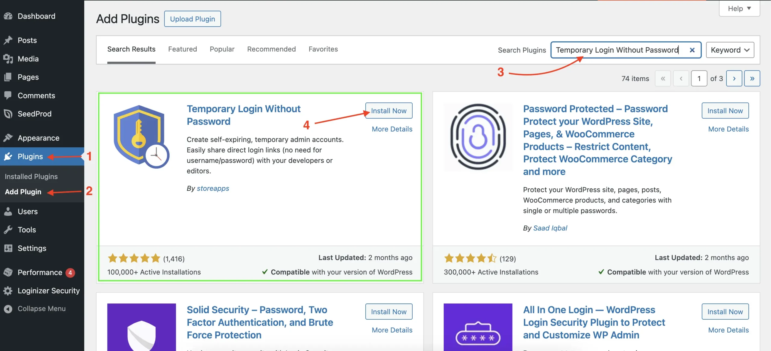 Screenshot: How to install Temporary Login Without Password plugin