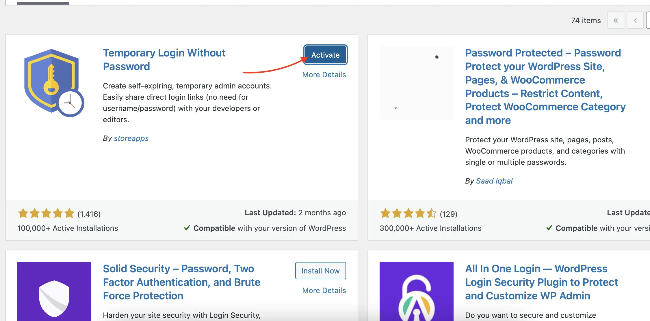 Screenshot: How to activate Temporary Login Without Password plugin after install