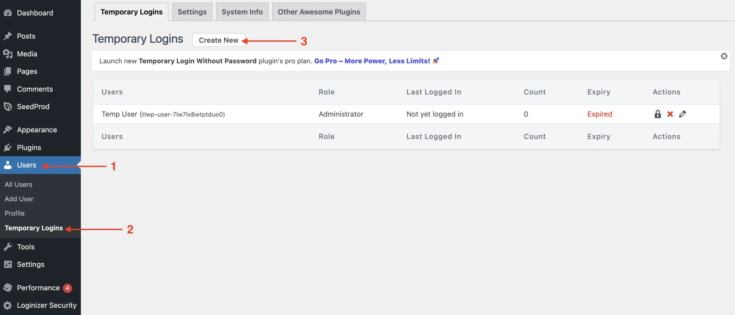 Screenshot: How to generate a login link with Temporary Login Without Password plugin