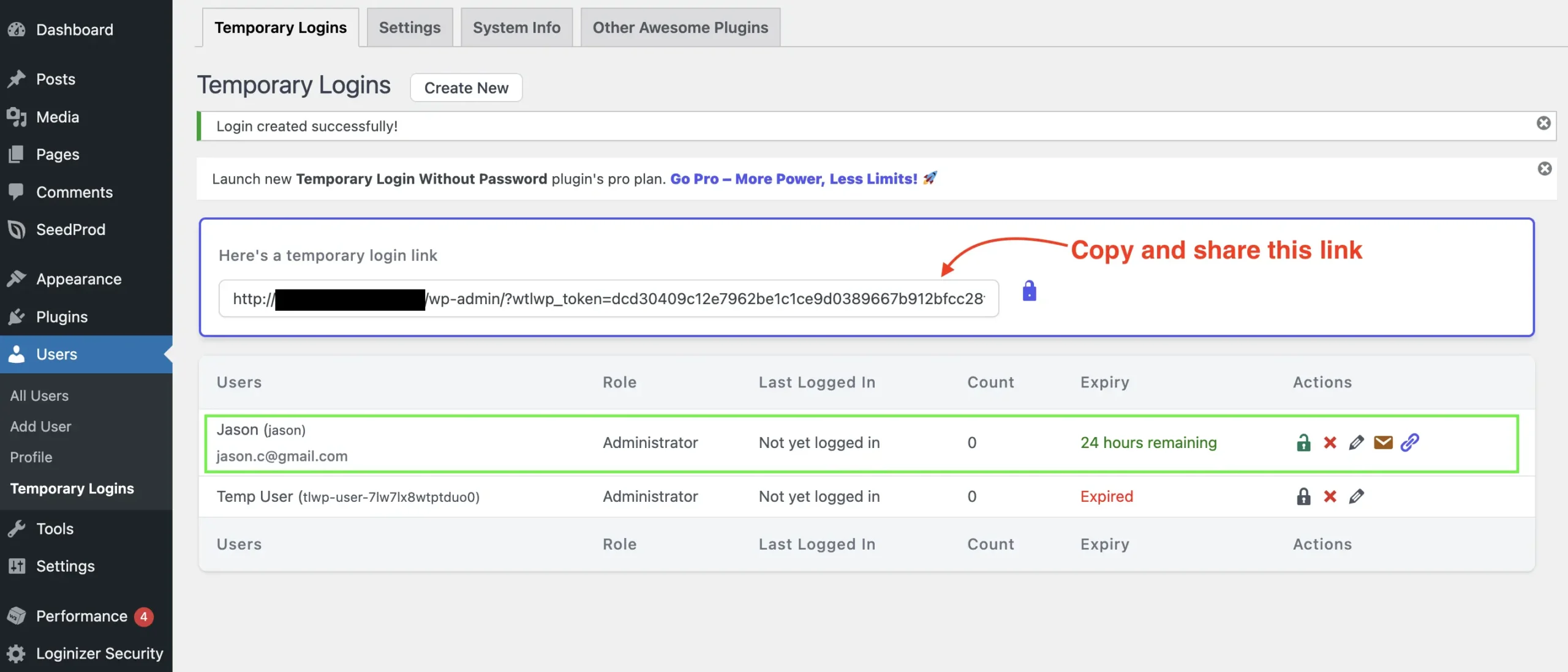 Screenshot: Example of login link in Temporary Login Without Password plugin